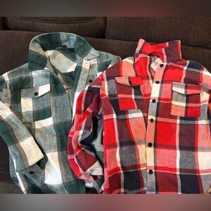 TWO Plaid Button-Up Shackets in Red/blue and Green/blue size small from Amazon